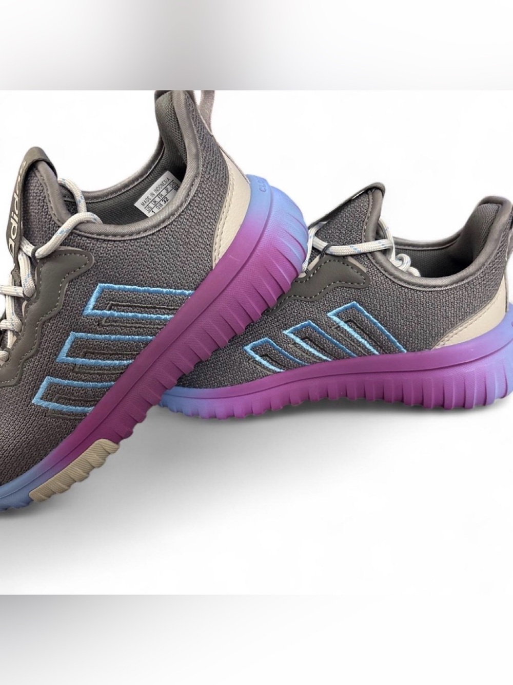 adidas Kids Gray Knit Sneakers with Purple-to-Blue Gradient Sole - Picture 4 of 7